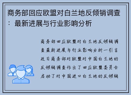 商务部回应欧盟对白兰地反倾销调查：最新进展与行业影响分析