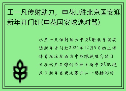 王一凡传射助力，申花U胜北京国安迎新年开门红(申花国安球迷对骂)