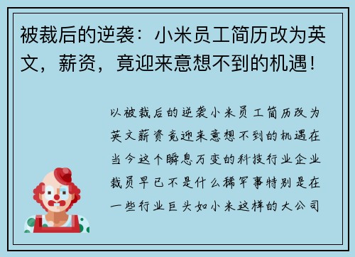 被裁后的逆袭：小米员工简历改为英文，薪资，竟迎来意想不到的机遇！