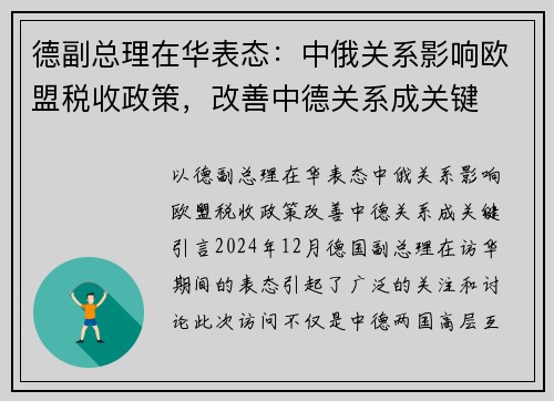 德副总理在华表态：中俄关系影响欧盟税收政策，改善中德关系成关键