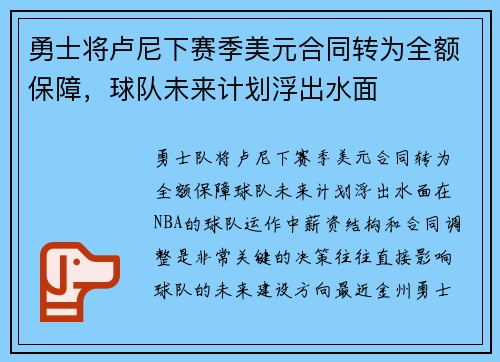 勇士将卢尼下赛季美元合同转为全额保障，球队未来计划浮出水面