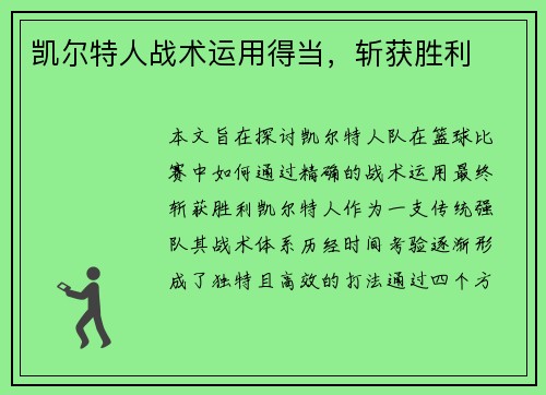 凯尔特人战术运用得当，斩获胜利