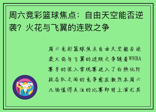 周六竞彩篮球焦点：自由天空能否逆袭？火花与飞翼的连败之争