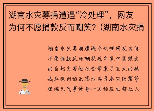 湖南水灾募捐遭遇“冷处理”，网友为何不愿捐款反而嘲笑？(湖南水灾捐款情况)
