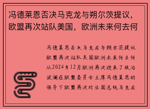 冯德莱恩否决马克龙与朔尔茨提议，欧盟再次站队美国，欧洲未来何去何从