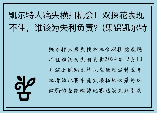 凯尔特人痛失横扫机会！双探花表现不佳，谁该为失利负责？(集锦凯尔特人)